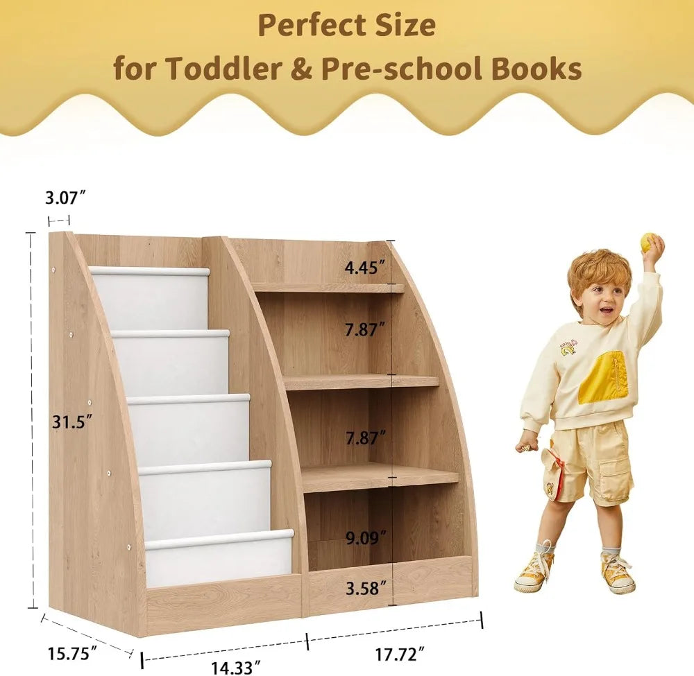 4-Tier Kids Bookshelf Set of 2, Wood Bookcase, Sling Storage for Toys & Books, Nursery Organizer