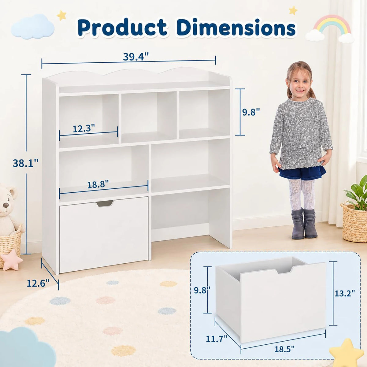 Toy Storage Organizer With 2 Rolling Drawers, Kids Bookshelf With 5 Open Cubbies, Storage Cabinet For Playroom, Bedroom And Nursery