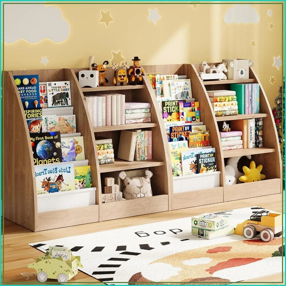 4-Tier Kids Bookshelf Set of 2, Wood Bookcase, Sling Storage for Toys & Books, Nursery Organizer