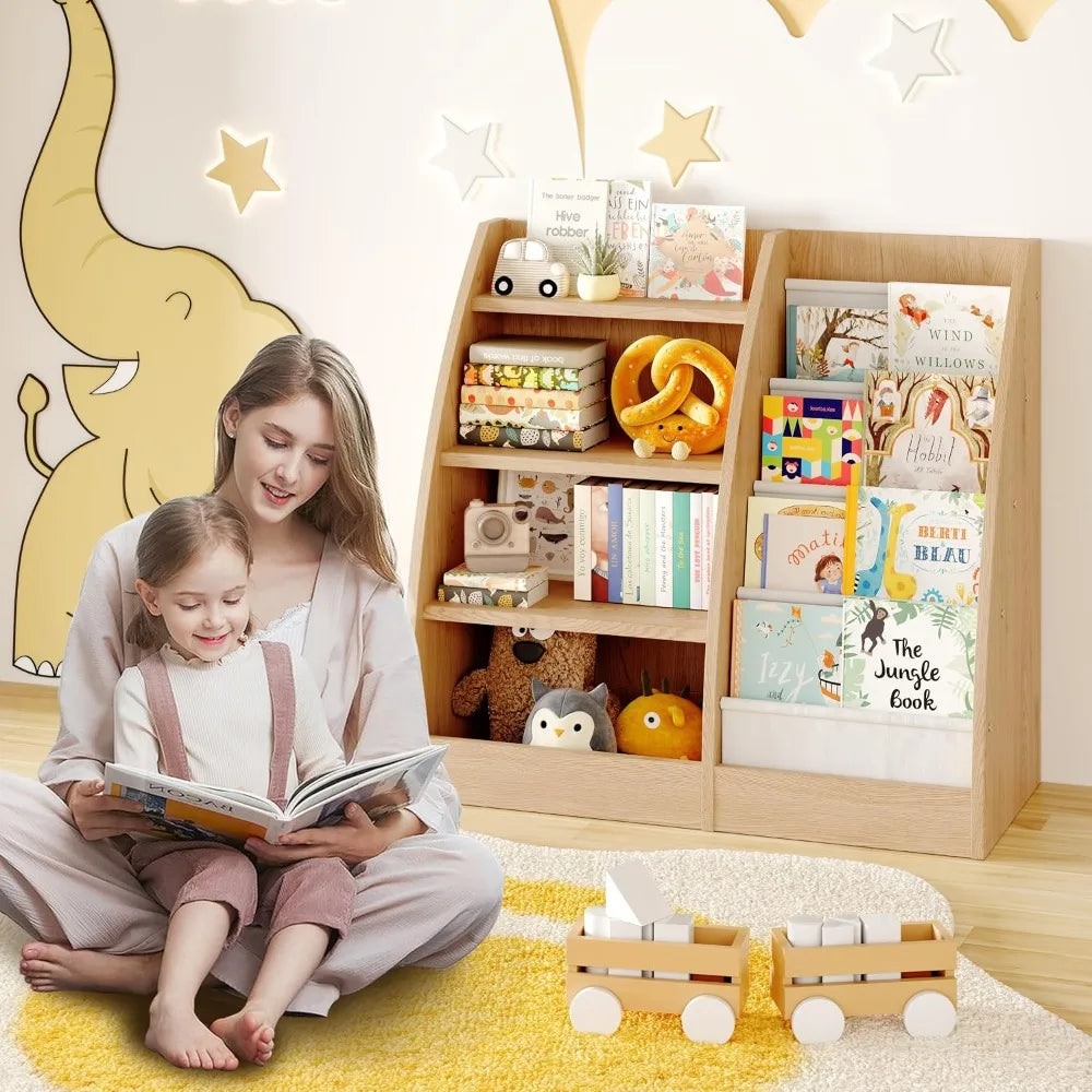 4-Tier Kids Bookshelf Set of 2, Wood Bookcase, Sling Storage for Toys & Books, Nursery Organizer