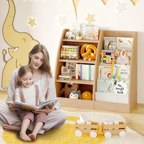 4-Tier Kids Bookshelf Set of 2, Wood Bookcase, Sling Storage for Toys & Books, Nursery Organizer